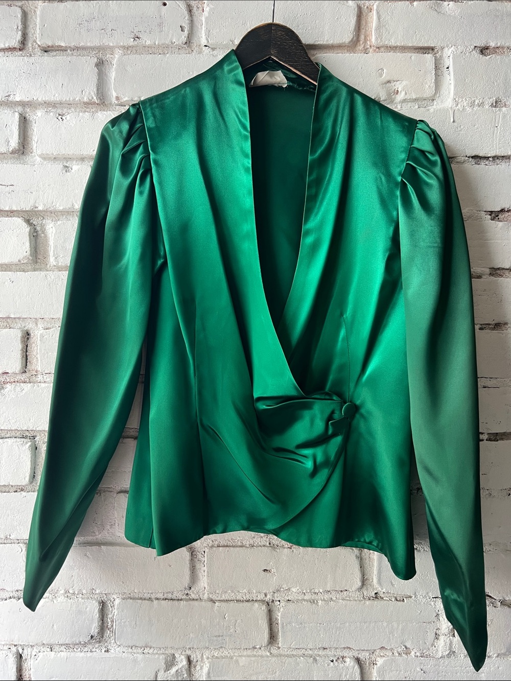 Vintage Emerald Satin Draped Wrap Blouse flatter satin emerald blouse